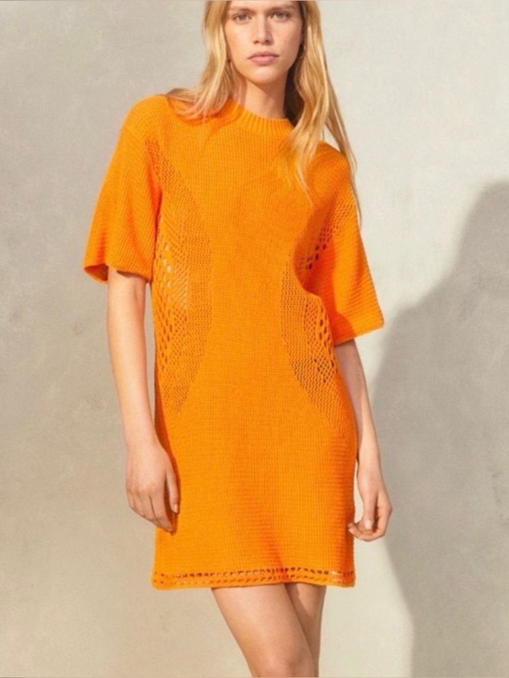 Medium Vibrant Orange Crochet Knit Mini Dress Cotton Mod Summer Beach Festival